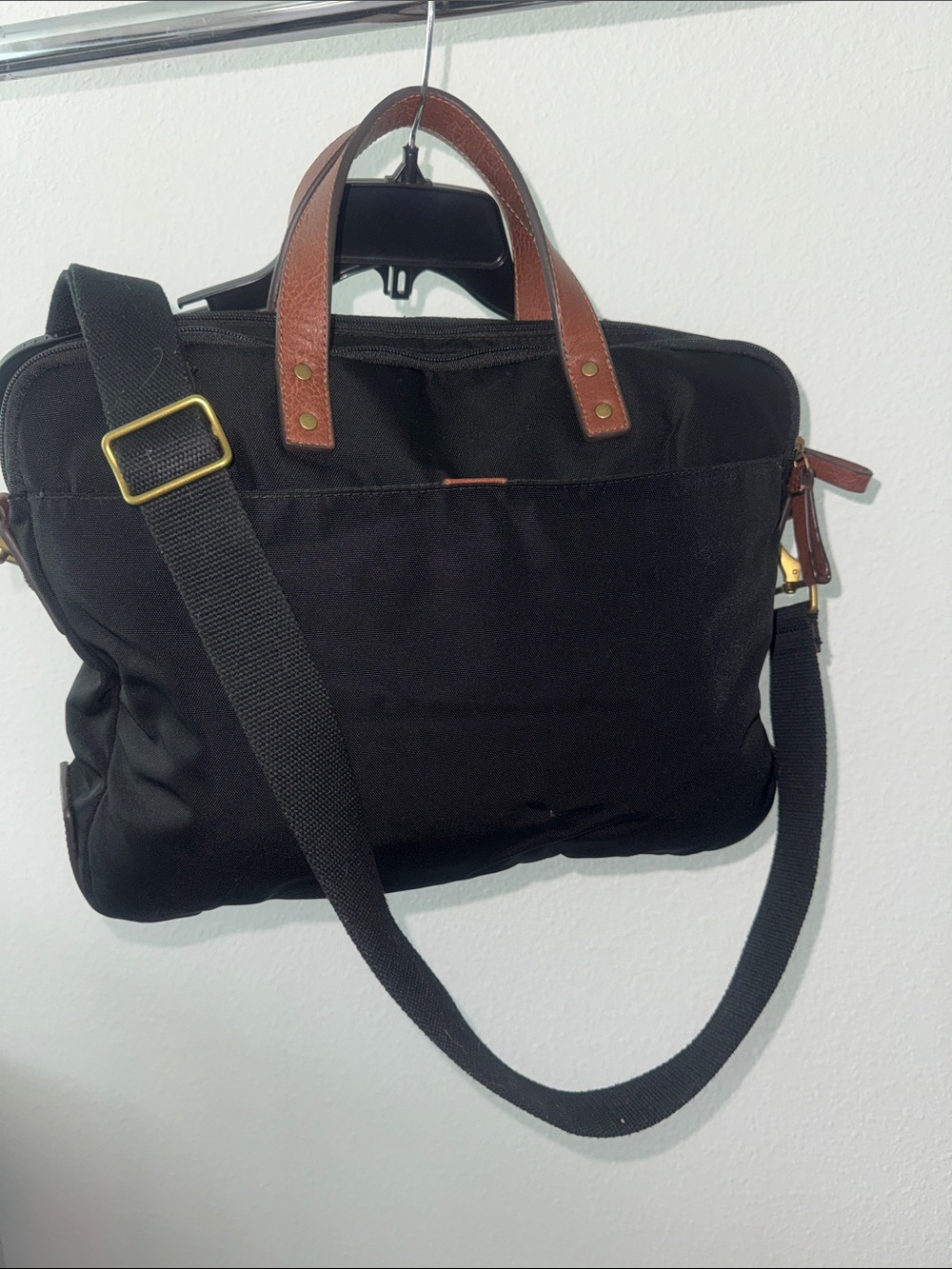 Black Nylon Briefcase with Brown Leather Handles